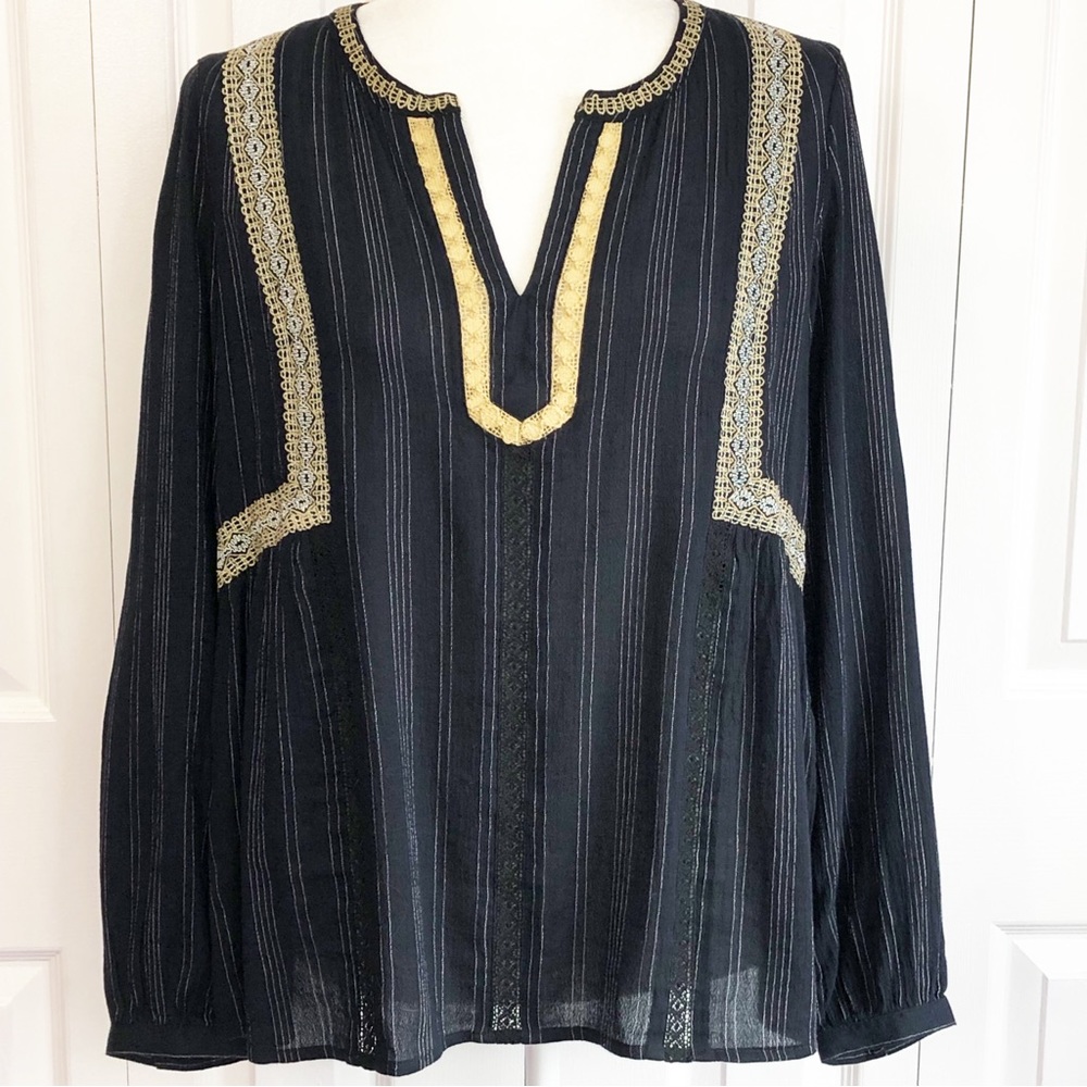 J. Jill Black Boho Embroidered Crochet Lace Stripe Popover Blouse XS